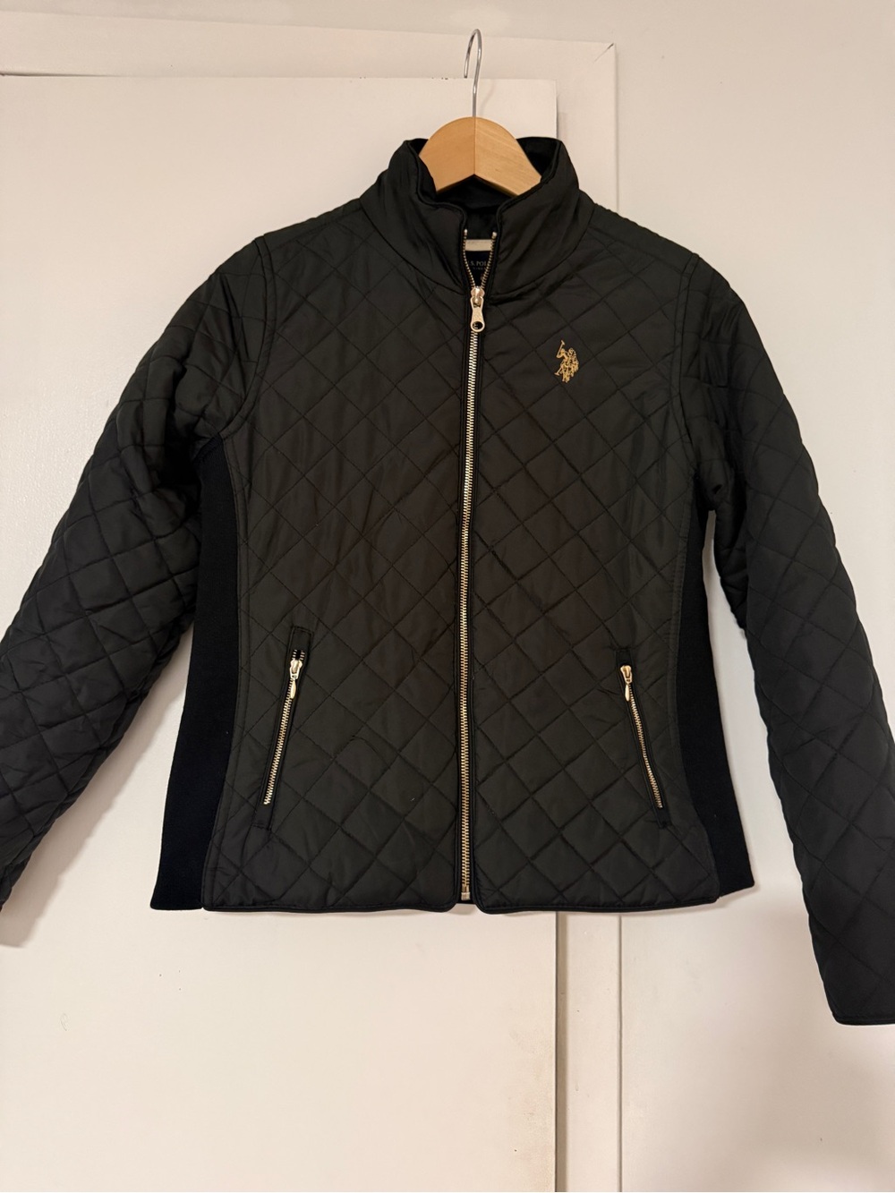 Women’s U.S. Polo Assn. Black Quilted Zip-Front Puffer Jacket with Gold Logo